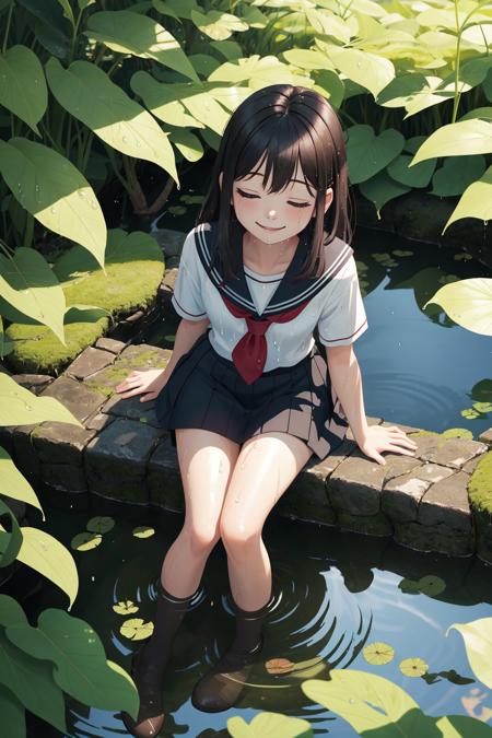 05327-1909079618-1girl, sitting, pond scenery, light beam, particles, (blurry background), dramatic lighting, wet, dappled sunlight, smile, eyes.png